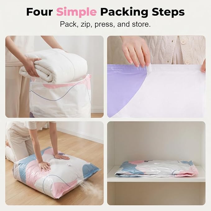 No-Pump Vacuum Storage Bags, 2026 New Reusable Space Saver Bags, 3-Sec Fast Compression, Air Tight Compression Storage Bags for Clothes, for Clothes, Comforters, Blankets (1PCS, Large)