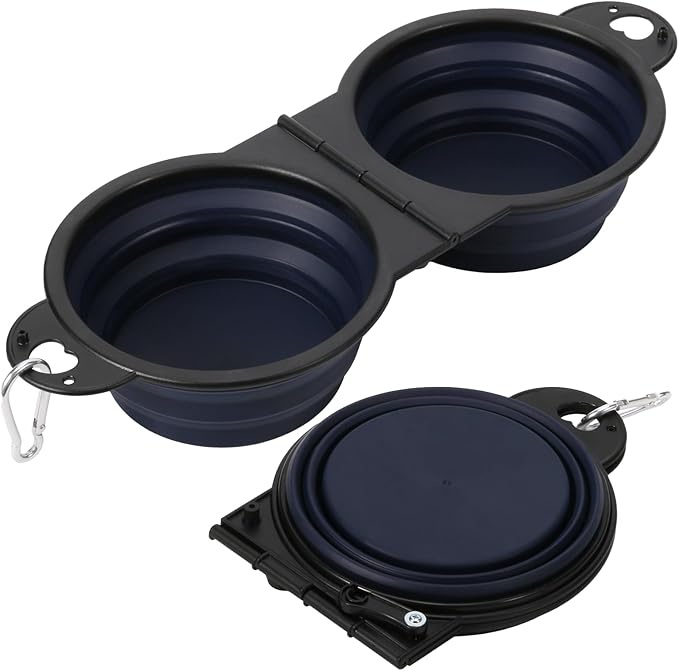 Collapsible Dog Dual Bowls, 2-in-1 with Locking Clip for More Stability 180 Degree Flip Portable Dog Travel Bowl for Water and Food Pet Food Drinker (Dark Blue)