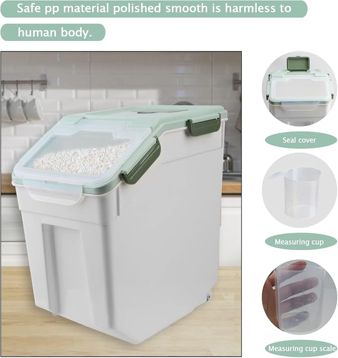 Saim 2 Pack 50lb Flour & Rice Storage Container Bin,Rice Dispenser (Green) | BPA free plastic with seal lid, rolling wheels and measuring scoop, one-hand scooping for rice, flour, cereal and grain
