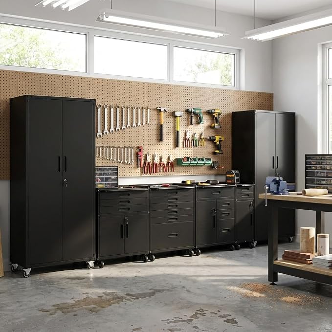 Garage Cabinet System | Heavy Duty Steel All-in-One Modular Garage Cabinet Set for Ultimate Workshop Organization | Easy Assembly Garage Storage Cabinets & Tool Bench