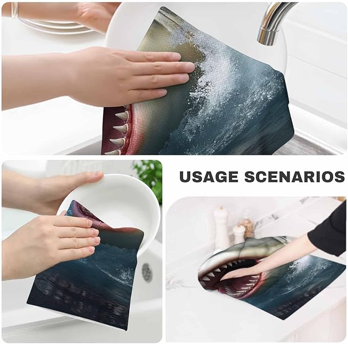 Shark Kitchen Towels Great White Shark Open Mouth Jumping Water Soft and Super Absorbent Dish Towels 2 Pack 16 X 24 Inches