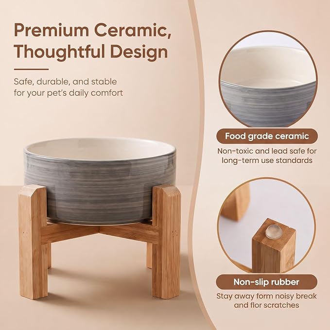 hjn Elevated Ceramic Dog Bowl with Bamboo Stand, Raised Pet Feeding Station for Small Medium Dogs Cats, Modern Design with Anti-Slip Base (White Gray, 7.6Cup)