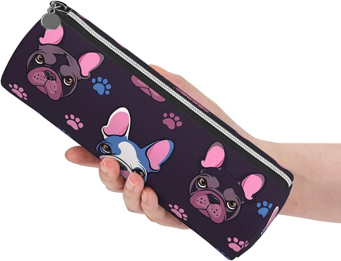 OSAM SPACE Leather Pencil Case Round Pencil Bag Cute French Bulldog Pen Organizer Holder Portable Zipper Pouch Cute School Supplies for Girls Boys Study Office