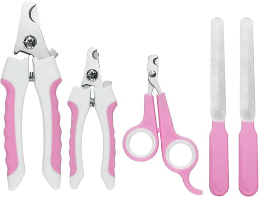 5Pcs Dogs and Cats Grooming Nail Clippers Kit Pet Claws Nail Clipper Trimmers, with Protective Guard Lock to Avoid Over Cutting, Professional Trimmers for Large and Small Cat and Dog (Pink)