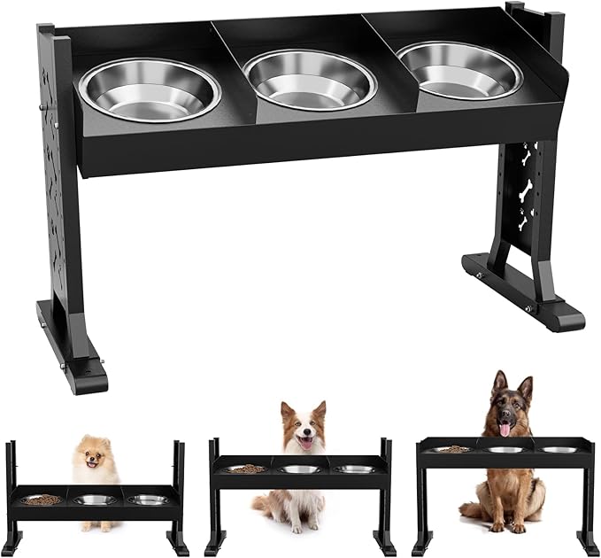 Triple Elevated Dog Bowls Stand for Multiple Dogs,8 Height Adjustable Tilted Raised Dog Bowl Stand with 3 Stainless Steel 1.3L(44oz) Bowls, 21.9" Tall Pet Feeding Station for Large Breed Dogs