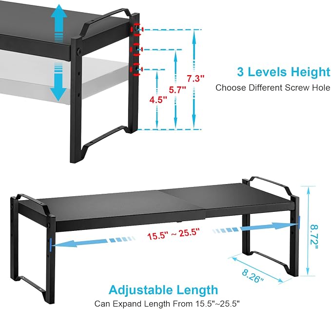 X-cosrack 25.5 Inches 3 Pack Expandable Cabinet Shelves, Stackable Shelf Organizer for Kitchen Cabinet Countertop Storage, Adjustable Counter Cupboard Pantry Organizer Shelf Rack Stand Riser, Black