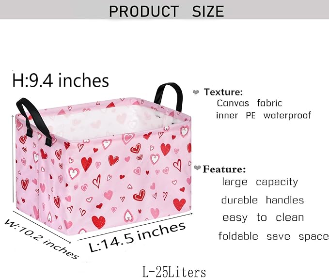 Kid Storage Basket Gift Shelf Basket Toy Storage Bin, Nursery Basket Organizer Box for With Handles for Room Deco Heart Pattern Valentine's Baskets