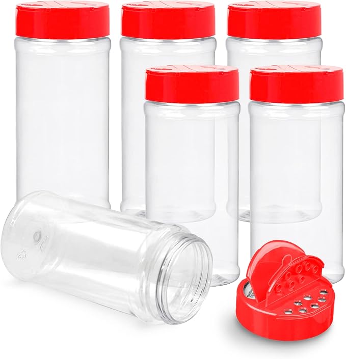 Plastic Spice Jars Bottle Containers with Red Cap, 16 Oz, 6 Pack | Clear Safe Plastic Bottle Containers with Shaker Lids, Lined Cap, PET Material, BPA-Free, Perfect for Herbs & Spices