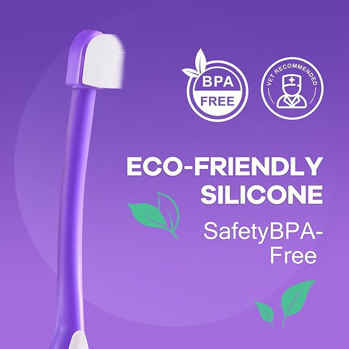 Zero-Pressure Comfort Pet Toothbrush – Ultra-Soft PBT Bristles & Hygienic Standing Base – 20° Ergonomic Grip Safe Daily Dental Care for Cats & Small Dogs, Purple