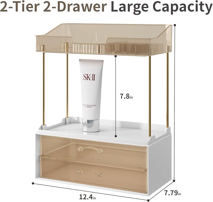 KHNR 2-Tier 2-Drawer Bathroom Organizer Countertop, Multi-Purpose Makeup Organizer Countertop, Large Skincare Organizers, Exquisite Vanity Organizer for Bathroom, Dresser, Kitchen (Amber)