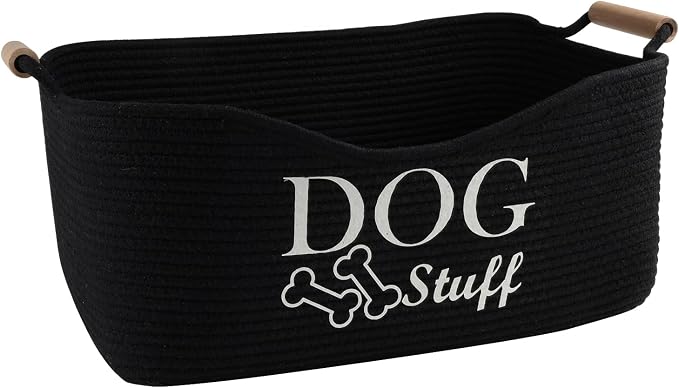 Medium Woven Dog Toy Basket,Dog Stuff Organizer,Collapsible Dog Toy Bin with Wood Handles,Rectangle Puppy Toy Storage Basket,Dog Organizer for Dog Toys,Collar,Leash,Blankets-Black | 100% Cotton Rope Basket with Wood Handles, Dog Organizer for Dog Toys,...