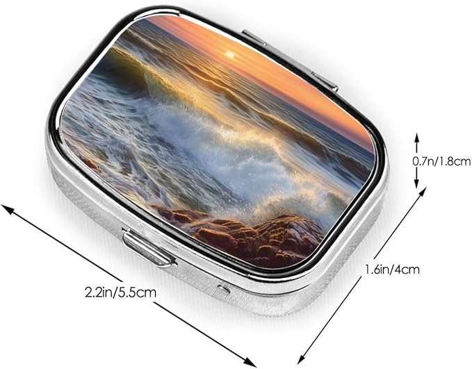 Square Pill Box Rocky Wave Sunset Painting Pill Case for Purse & Pocket 3 Compartment Pill Organizer Portable Travel Pillbox Medicine Pill Holder Container for Daily Vitamin Cod Liver Oil Storage