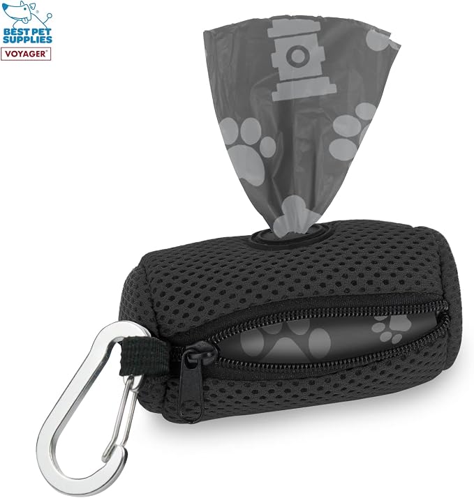 Best Pet Supplies Dog Poop Bag Holder Leash Attachment with Reusable Dispenser for Travel, Walking, Park, and Outdoor Use, Durable with Clip-On - Black, Mesh Dispenser w/15 Bags