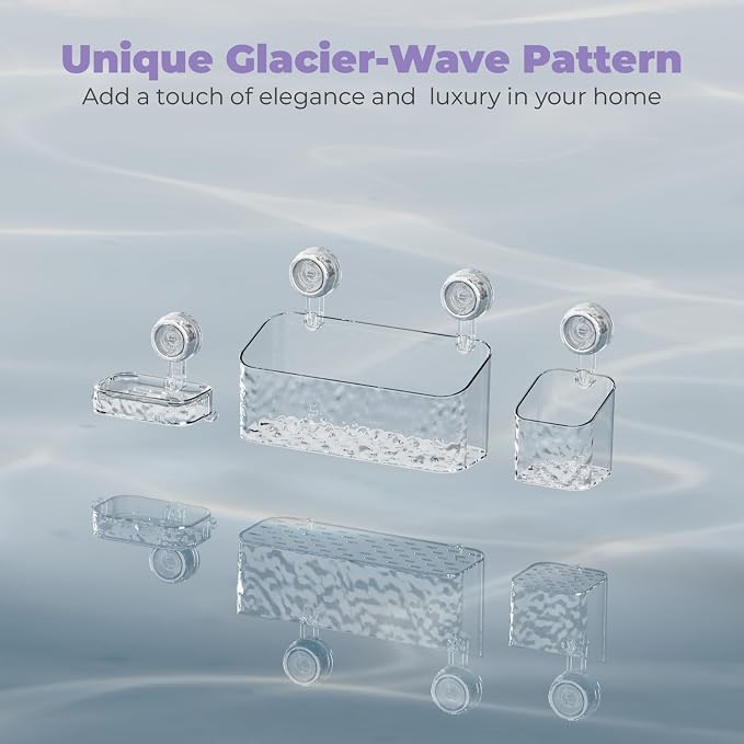 Shower Caddy Suction Cup, 3 Piece Set Organizer with Soap Dish, No Drilling Shelf for Inside Shower, Reusable for Bathroom Kitchen Living Room, Clear