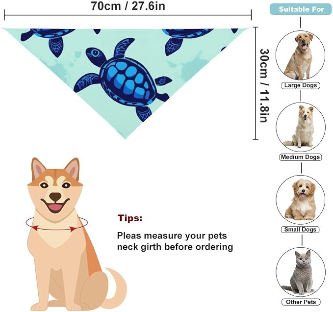 Summer Casual Fashion Pet Triangle Scarf Ocean Animal Turquoise Blue Sea Turtles for Dogs, Cats Wedding, Running, Hiking, Camping, Daily Walking Use