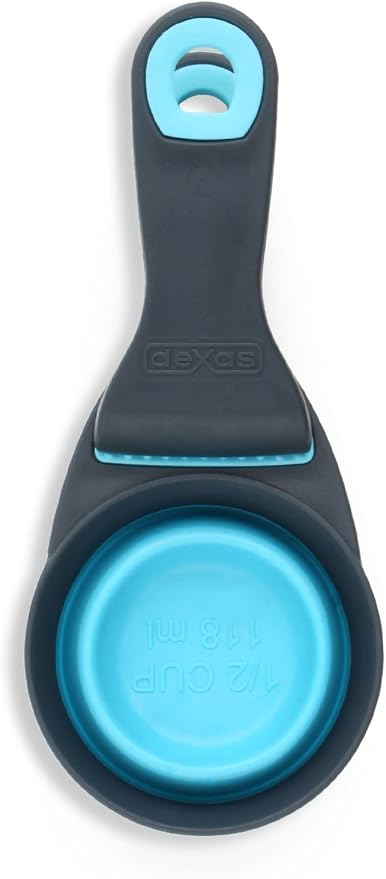 Dexas Popware for Pets Collapsible Klip Scoop, 3-in-1 Pet Food Scoop, Measuring Cup and Bag Clip, 1/2 Cup Capacity, Blue
