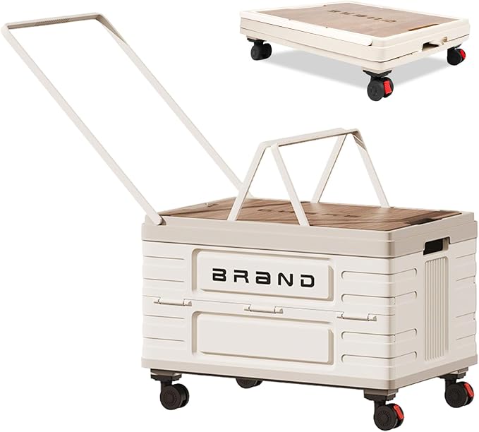 Folding Utility Cart Portable Rolling Crate Handcart Shopping Trolley Collapsible Tool Box with Wooden Lid, Basket on 4 Rotate Wheels, for Grocery, Office, Luggage, Teacher, Travel (White)
