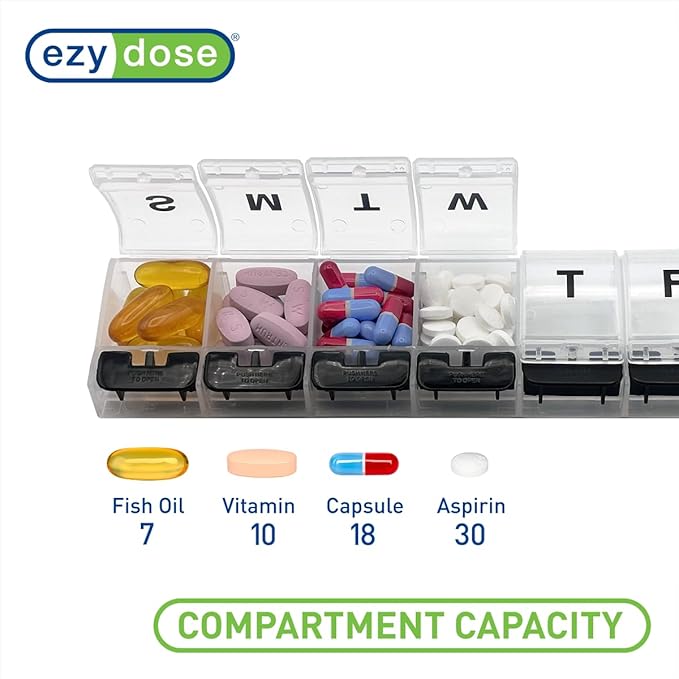 Ezy Dose Weekly (7-Day) Pill Organizer, X-Large Medicine Case, Black/White | Daily Vitamin & Supplement Planner, Spacious Push-Button Compartments, Convenient & Easy to Use, Travel-Friendly, BPA-Free