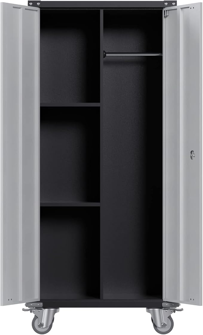 GarveeHome Metal Locker Storage Cabinet with Wheels 71" H with Doors and 2 Shelves Adjustable 4 Adjustable Feet for Home, Garage, Office, Shop