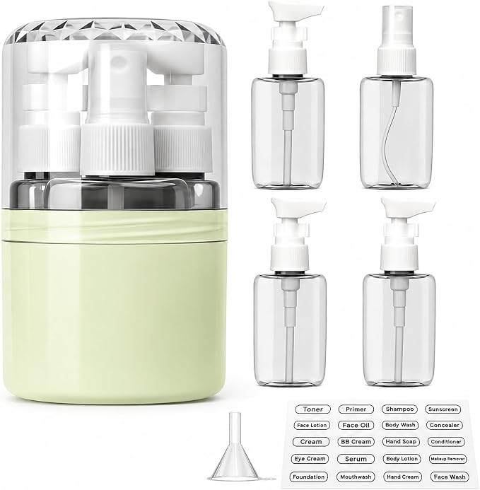4-in-1 Travel Dispenser with 4 x 50 mL Bottles, Green | 4 refillable 50 mL bottles, pump and spray tops, included label stickers, compact design for toiletries, travel, gym