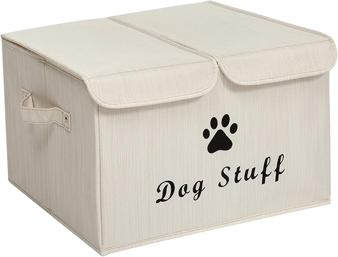 Large Dog Toys Storage Box Canvas Storage Basket Bin Organizer with Lid - Collapsible Linen Bin Ideal for Organizing Dog Cat Toys and pet Stuff-PP Boad-17" x 12" x 10" - Slub Beige
