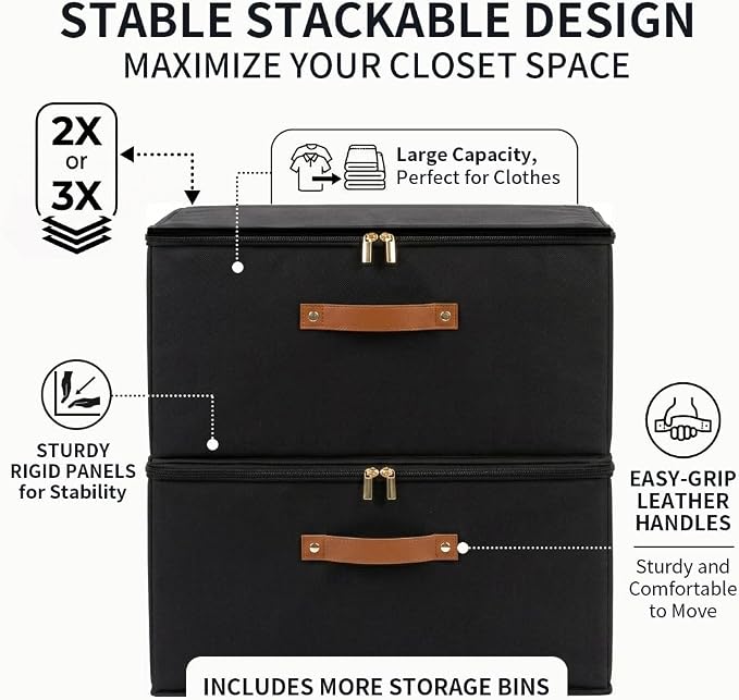 Tuza 3 Pack Foldable Storage Bin with Lid, Heavy-Duty Fabric Storage Box with Reinforced Handles, Collapsible Closet Organizer for Clothes, Bedding, Wardrobe & Bedroom Organization(Black, 25L)
