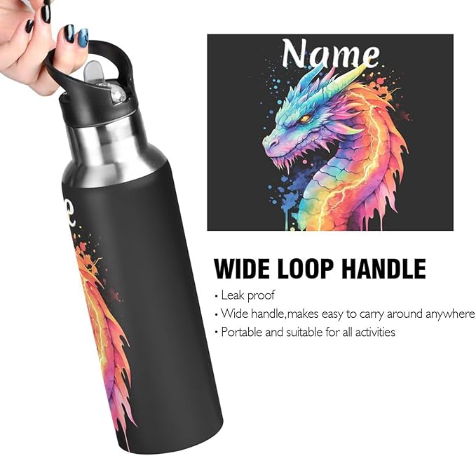 Custom Name Lightning Dragon Rainbow Water Bottle with Straw Lid Kids Insulated Stainless Steel Water Flask Sports, 20 Oz Hot Cold