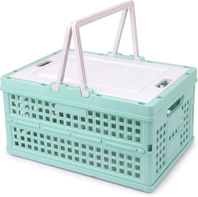Collapsible Storage Crate, Foldable Plastic Basket with Lid and Handle, Foldable Storage Box Crate Bin for Home Kitchen Office Bathroom Bedroom Pantry (Green-Hollow)