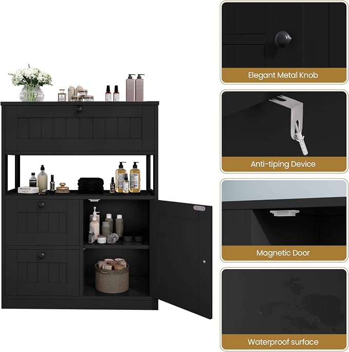 GRUSIGN Storage Cabinet, Modern Bathroom Floor Storage Cabinet Organizer with 1 Door and 3 Drawers, Freestanding Cupboard for Kitchen/Living Room Use