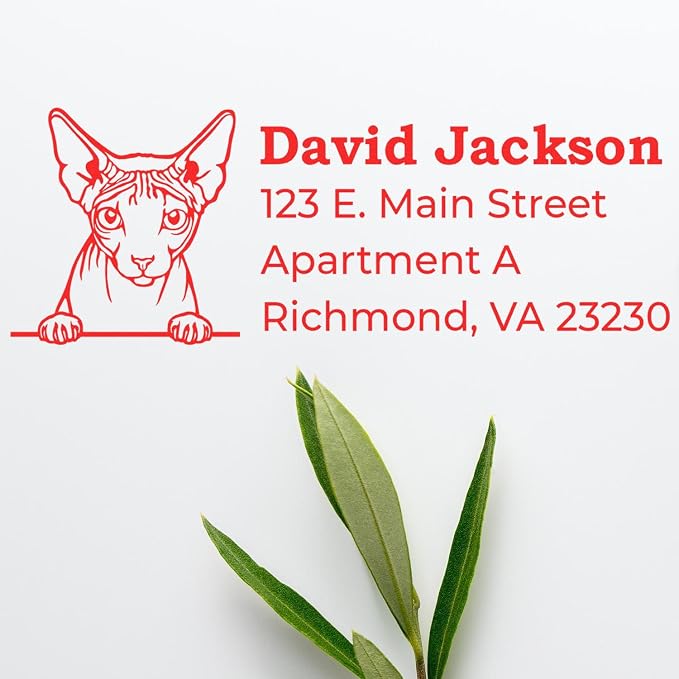 Don Sphynx Cat Custom Self-Inking Address Stamp for Holiday Cards & Decorations, Personalized Return Mailing Stamper with Hairless Feline Design, Handcrafted Rubber Postal Marker 7/8 x 2-1/4