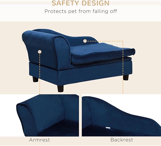 PawHut Luxury Fancy Dog Couch with Hidden Storage, Small Dog Sofa Bed with 2" Soft Foam, Modern Pet Furniture for Puppies & Little Breeds, Blue | Small Dog Sofa Bed with 2" Soft Foam, Modern Pet Furniture for Little Breeds