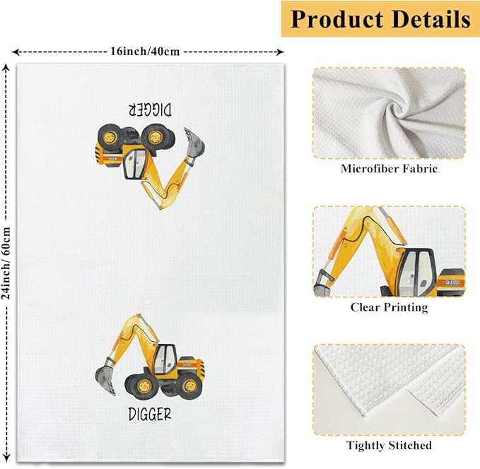 Construction Vehicles Kitchen Towels and Dishcloths Set of 4, Decorative Kids Hand Towel Drying Cloth for Bathroom, Gift for Boys, 16x24 Inches -01
