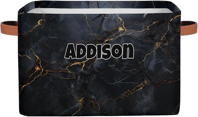 Custom Name Storage Bin, Personalized Rectangular Storage Basket with Handles for Organizing Boys Girls Toys Office Closet Shelf Baskets Dark Black Marble Texture with Golden Line