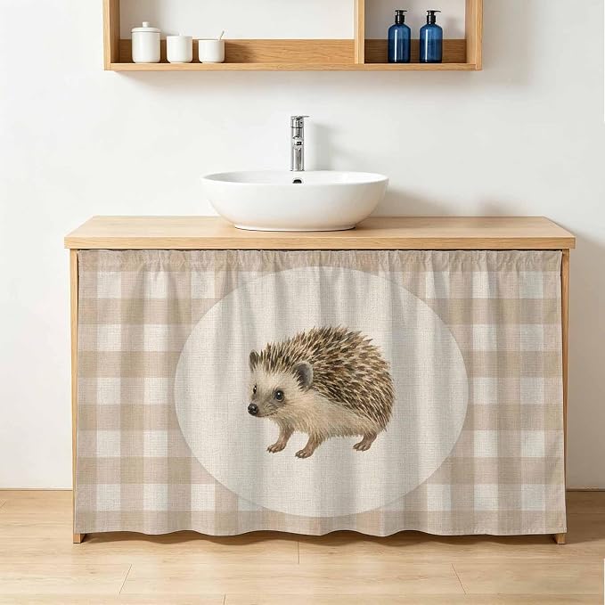 Hedgehog Cabinet Curtains 28"x51" Sink Skirt for Bathroom Kitchen, Vintage Farmhouse Linen Plaid Rustic Animal Self Stick Adhesive Under Desk Covers Tall Laundry Cabinet Storage Organizer