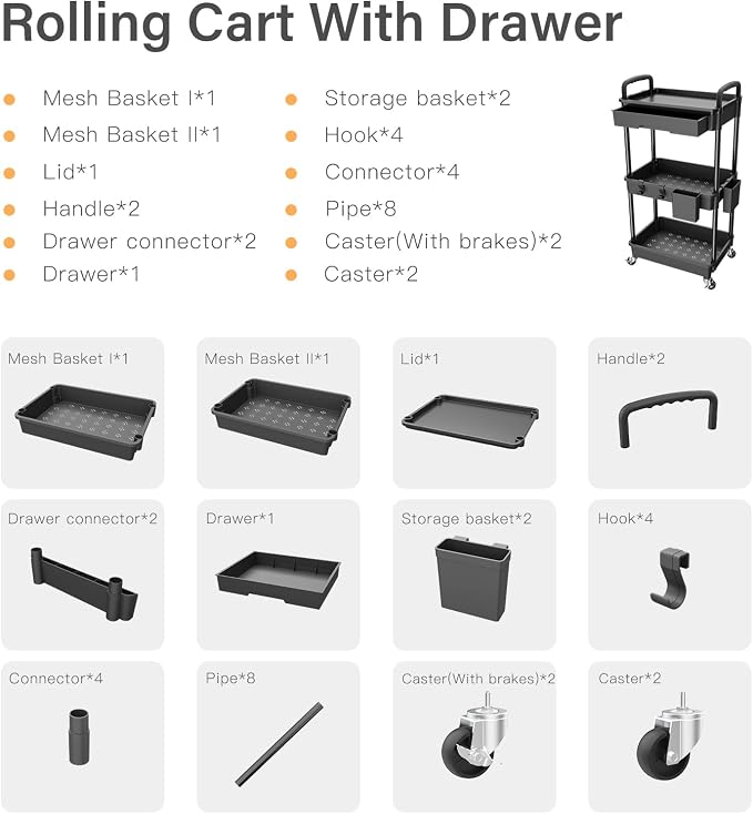 3 Tier Rolling Utility Cart with Drawer,REBECAT Utility Cart Made of Multifunctional Storage Organizer Tool for Kitchen,Bathroom,Living Room,Office(Black)
