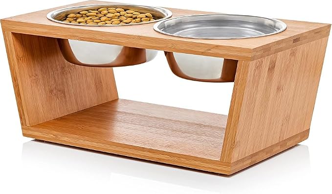 Elevated Dog Bowl Stand- 7" Raised Pet Feeder for Medium Dogs with Four Stainless Steel Bowls.