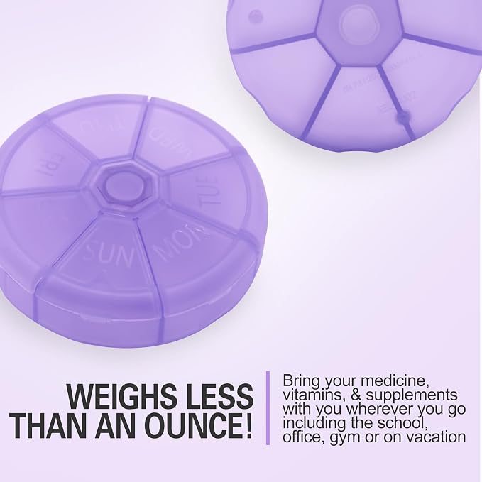 Portable Weekly Pill Organizer (Pack of 2) 7 Day Container,Round Case Travel Friendly,Daily Week Pill Reminder,Vitamin,Supplement,Fish Oil,Medication Planner (Purple)