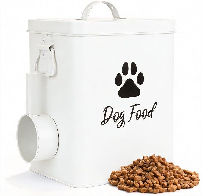 Dog Food Container 6.6lb, Cute Airtight Pet Treat Storage Containers with Metal Lid Scoop, Metal Storage Bin for Dog/Cat Durable Airtight Great Gift for Pet Owners-White