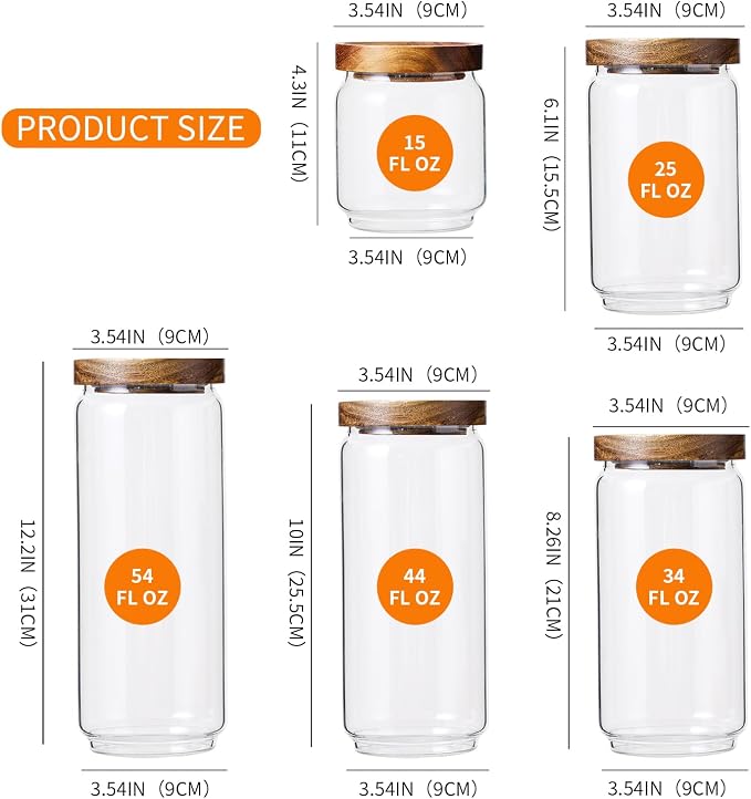 Glass Storage Jars Set with Airtight Wood Lids | Kitchen Food Containers for Coffee Beans/Sugar/Noddles/Pasta
