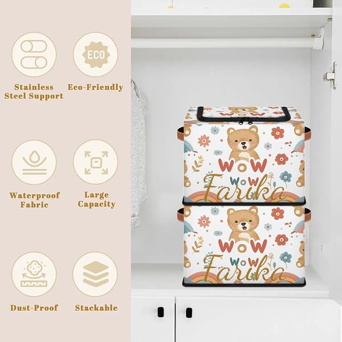 Custom Cute Bear Storage-Bin With Zipper Lid for Kids-Girls-Boys-Baby-Pet,Personalized Name Foldable Storage Box with Handle,Baby Basket With Label for Bedroom Nursery Toy Clothes,White