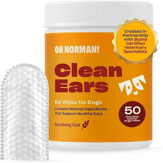 OH Norman! Ear Cleaner Finger Wipes for Dogs - Removes Wax, Dirt & Cleans Ears - Cleaning Wipes with Aloe Vera & Chamomile (Pack of 50)