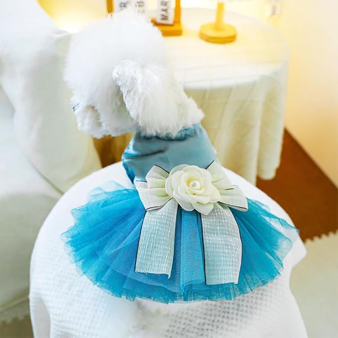 Blue Puppy Dress for Small Dogs with Bow Knot Gorgeous Cat Wedding Dresses Elegant Girl Dog Clothes Pet Party Ball Gown Outfit for Holiday Birthday Engagement Valentines (Sky Blue, X-Large)