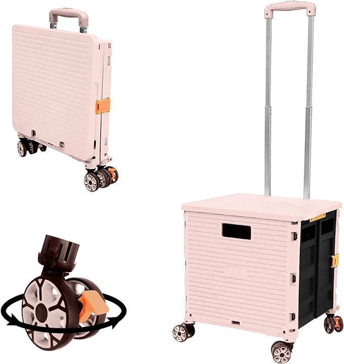 FELICON SELORSS Foldable Utility Cart Folding Portable Rolling Crate-Pink | Durable,Heavy Duty,Plastic Box,Telescoping Handle,4 Rotate Wheels,Collapsible Handcart for Travel Shop Move Luggage Office