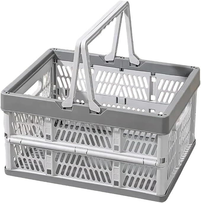 Collapsible Storage Crate with Handles, 20L Foldable Plastic Basket, Organizer Container (Light gray, M)