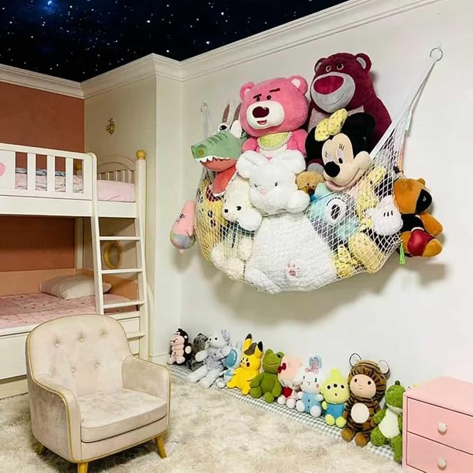 Filled animal net, suitable for flat walls, wall-mounted decorative net bags and storage bags (white). For displaying and storing plush toys and storage mesh bag background wall (1m)