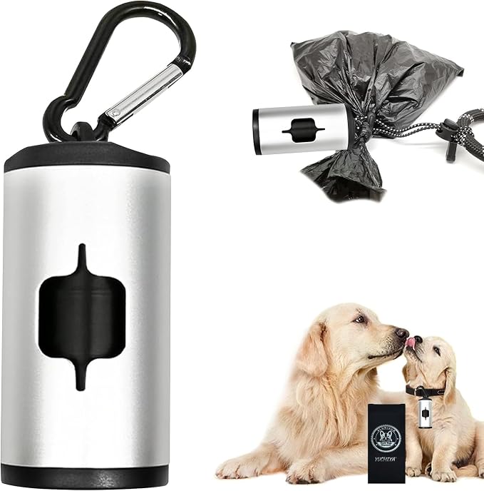 YUCHIYA Aluminum Dog Poop Bags Holder with Carabiner Metal Pet Waste Bags Dispenser with Hook and Loop Fastener and Elastic Cord to Carry Used Bags (Silver, 1 Holder 15 Bags)
