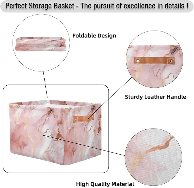 AUUXVA Storage Basket Rose Gold Marble Texture Storage Cube Box Durable Canvas Collapsible Toy Basket Organizer Bin with Handles for Shelf Closet Bedroom Home Office