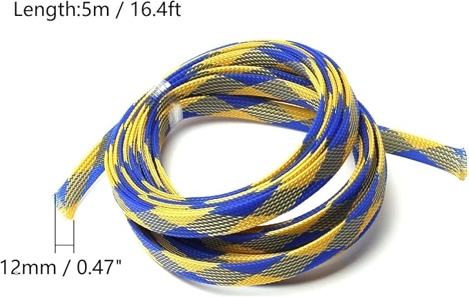 Jutagoss PET Expandable Braided Cable Sleeve, 16.4ft - 1/2 inch Blue Yellow Cable Management Sleeve, Wire Loom Tube Cord Protector for USB Cable, Power Cord, Audio Video and More, 1Pc