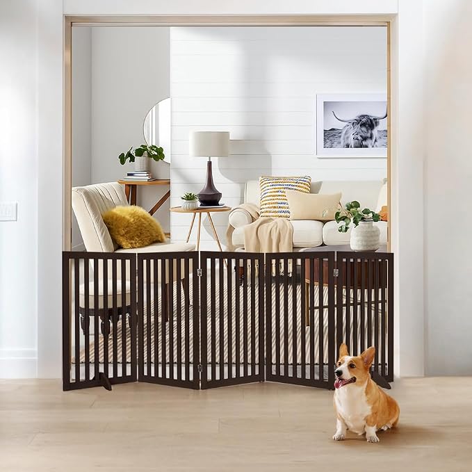 unipaws 36”H Free Standing Pet Gate for Dog Cat, 100”Wide Wooden Dog Gates | Foldable Pet Fence for Doorway, Stairs, Step, Expandable Doggy Barrier, Indoor Use