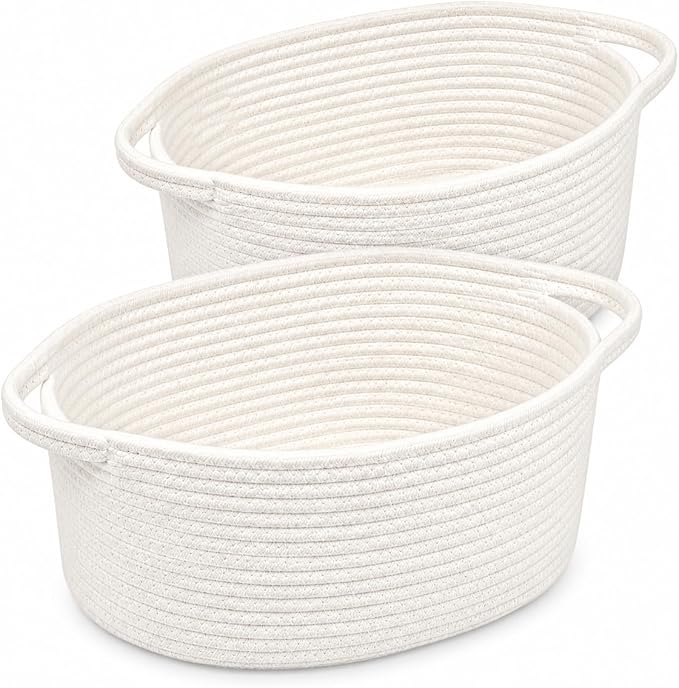 Small Woven Cotton Rope Baskets with Handles, Set of 2, White | 12 x 8 x 5 Inch Baskets, Empty Gift Baskets, Decorative Storage, Nursery Shelf Organizer, Multi-Room Storage